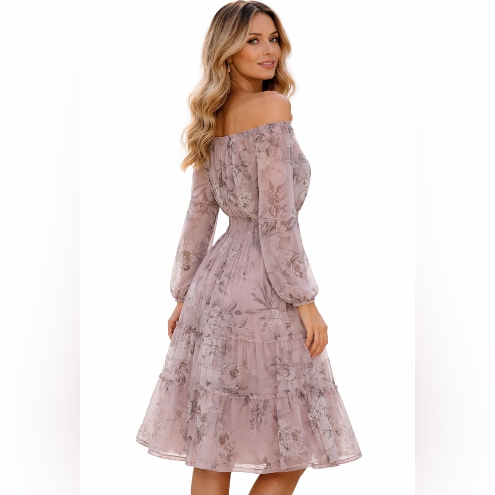 Kate & Lily Lilac Floral Off Shoulder Dress Boho Sheer Sleeve Smocked Waist SZ 6 - Picture 4 of 7